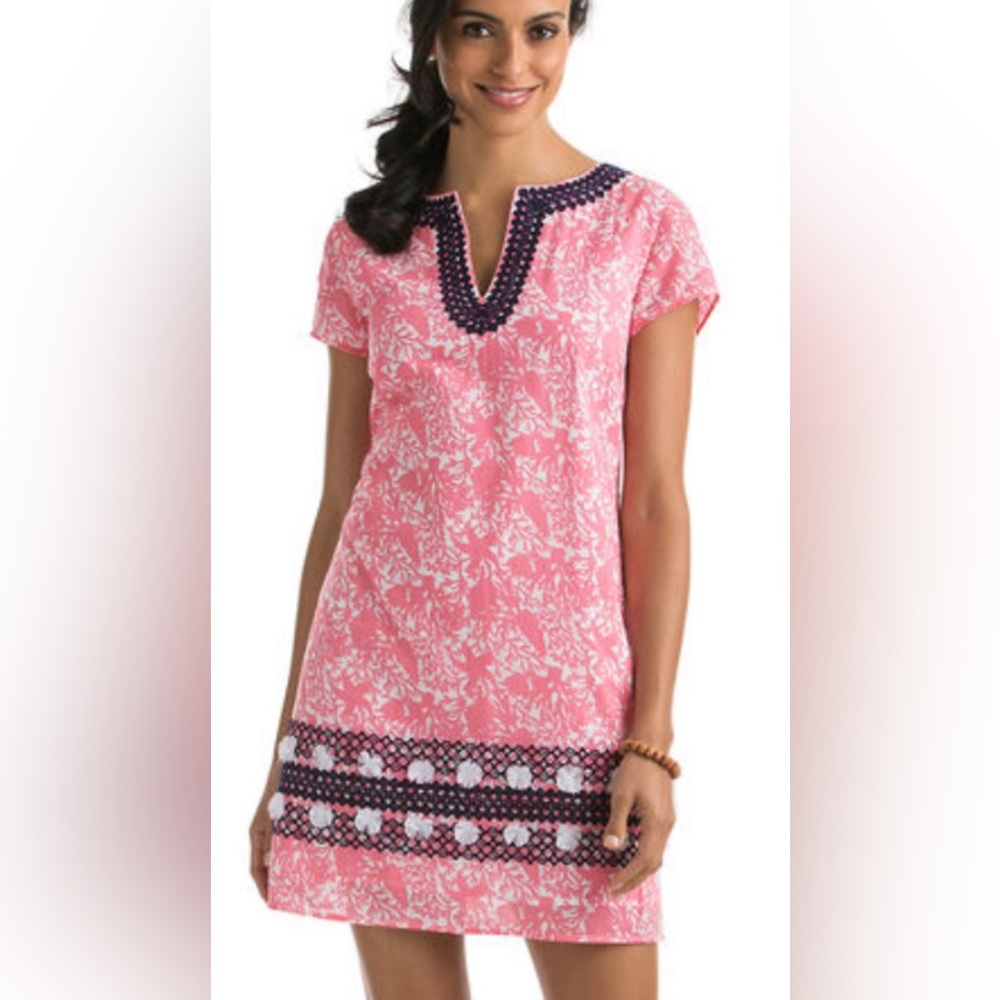 Vineyard Vines 100% Linen V-neck Coral Print Dress Size 0